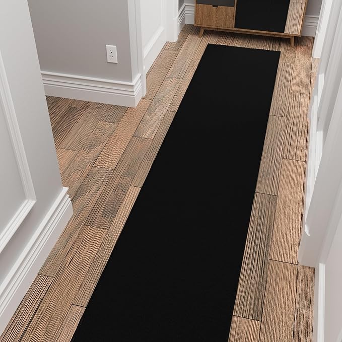 Ottomanson Aisle Runner Rug – Non-Slip Low Pile Carpet Runner for Long Hallways & Corridors, Stain Resistant & Easy to Clean, Solid Black, 1'10.5" x 20'