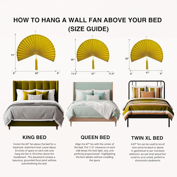 SUCHUBU Honey Yellow Wall Fan, 47" Premium Handwoven Bamboo Decor, Large Japanese Hanging Fan, Luxurious Asian Wall Art, Shimmering Boho Decor, Artisan Crafted Weaving (Yellow, Large)