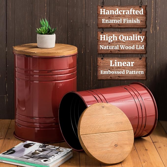 Glitzhome Rustic End Table Set of 2, Farmhouse Galvanized Metal Barrel Ottoman Storage Stool with Round Wood Lid for Living Room Furniture, Red