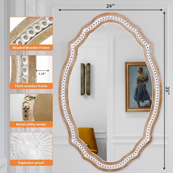 36x24 Inch Rustic Farmhouse Oval Mirror, Wooden Decorative Wall Mirrors | Hang Vertical or Horizontal, the Grain Look Adds Farmhouse Charm Above Bathroom Sink, Entryway, Living Room, Hallway
