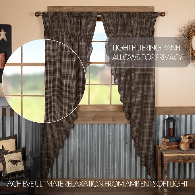 VHC Brands Kettle Grove Window Curtains, Plaid Prairie Long Panel Scalloped Set of 2 84x36x18