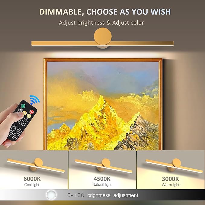 ZitoStory Battery Operated Picture Light for Wall with Remote, Wireless Dimmable Art Lights for Paintings Rechargeable Gallery Light Artwork Lighting for Canvas, Portrait, Gold, 20 Inch