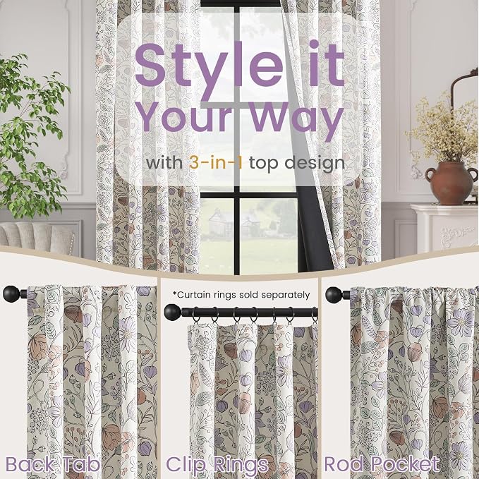 Vangao Purple Nursery Curtains for Girls Room Floral Blackout Curtains 63 Inch Length Farmhouse Drapes for Bedroom Room Darkening Flower Patterned Window Treatment for Kids Set of 2
