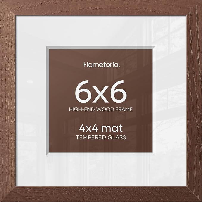Homeforia 6x6 Picture Frame Brown, High-End Dark Oak 6 x 6 Square Brown Wood Frame with Mat 4 by 4 for Art, 6by6 Wooden Walnut Poster Frame Matted to 4x4 inch Photo, Tempered Glass, Wall Kit, Set of 3