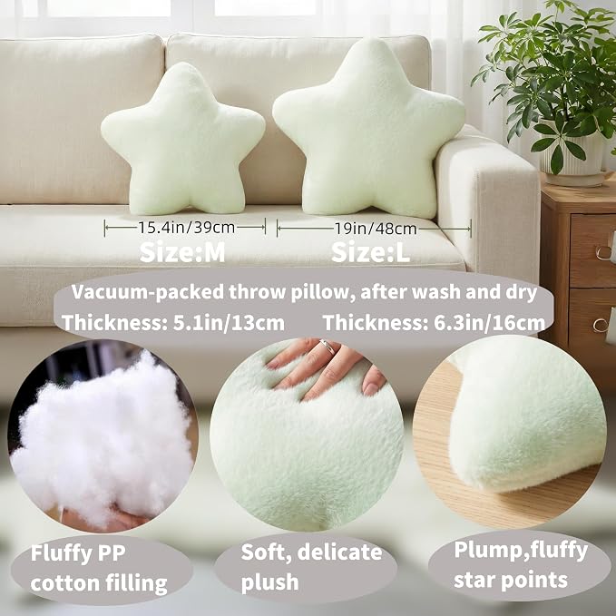 Star Shaped Pillow 15.4" Light Green Soft Cute Decorative Throw Pillows | Fluffy and Comfortable Plush Pillow, for Couch Bed Sofa Bedroom Living Room Decor, Aesthetic Floor Cushions, Cuddling Pillows