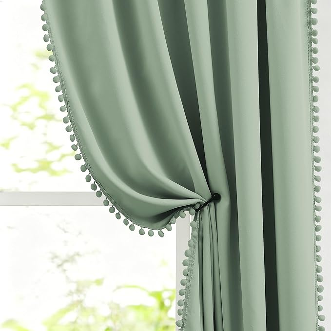 Light Green Pom Poms Blackout-Curtains 95 inch Bedroom Window Curtains for Living Room Triple Weave Half Blackout Window Curtains for Hotel Guest Room Drapes 52"w x2 Panels Rod Pocket Sage