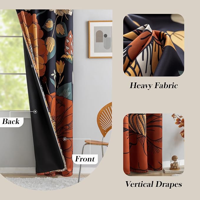 Tyrot Black Boho Floral 100% Blackout Curtains for Bedroom 63 inch Long 2 Panels Mid Century Botanical Black Out Curtains for Living Room Grommet Thermal Insulated Room Darkening Window Drapes,42Wx63L
