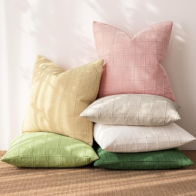 Foindtower Set of 2 Decorative Linen Check Throw Pillow Covers Neutral Farmhouse Vintage Cushion Covers Modern Boho Accent Home Decor for Sofa Chair Couch Bedroom Living Room,16×16 Inch,Light Pink