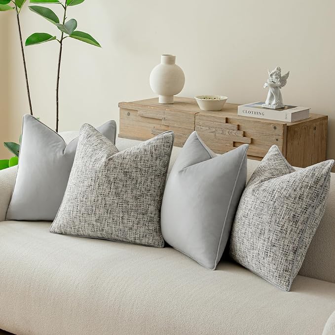 a moment Grey 4 Pack Throw Pillow Covers - Chenille & Velvet Set with Piping, Farmhouse Textured Design Pillow Cases for Couch Sofa Bed Livingroom (18x18 Inch, No Insert)