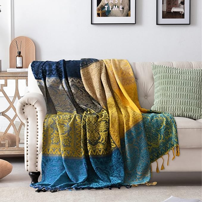 Bohemian Throw Blanket for Couch，Colorful Chenille Tassels Boho Woven Hippie Bed Blankets for Couch Sofa Chair Recliner Loveseat, Bohemian Fringe Tassels Decor Home (86" x 103")
