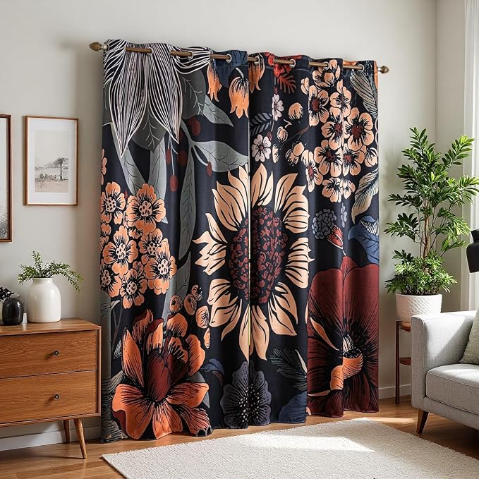 100% Blackout Bohemian Curtains 96 inch Long for Bedroom, Large Floral Pattern Curtains for Bedroom, Black Out Drapes Thermal Insulated Boho Big Flower Print Window Treatments for Living Room 52x96