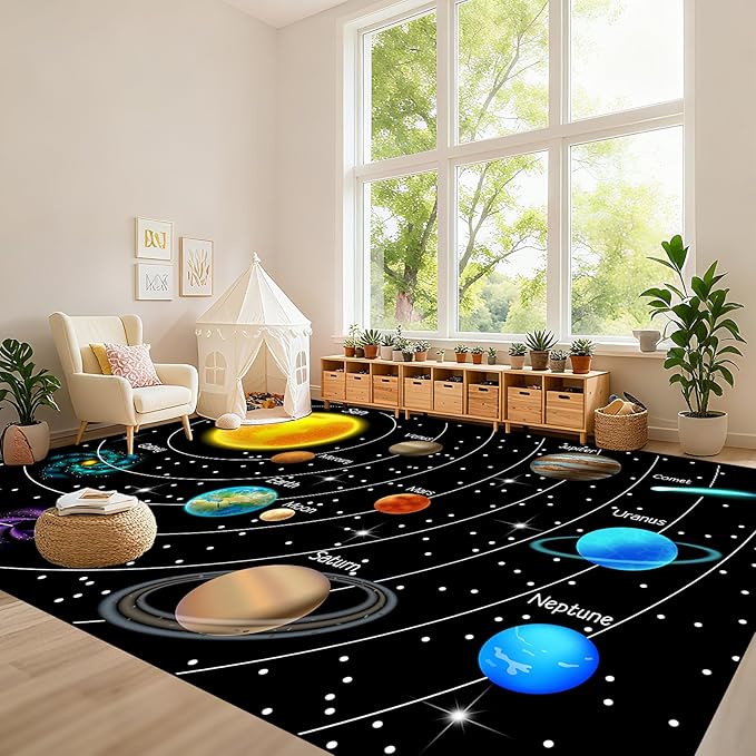 Outer Space Rug for Bedroom - 8x10 Feet Space Rug for Boys Room Cartoon Solar System Planet Theme Carpet Decor for Kids Playroom Classroom Decor