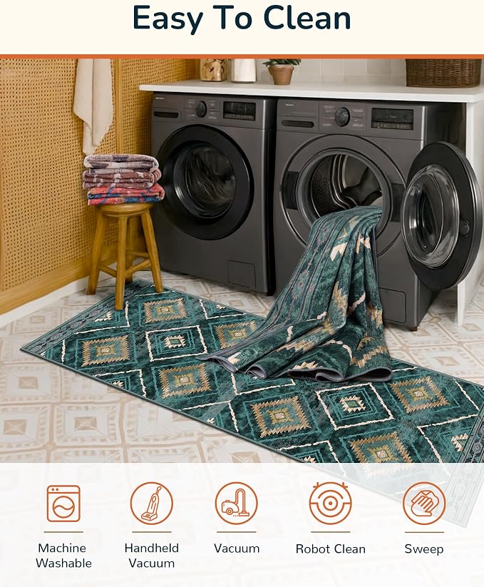 BESTSWEETIE Area Rug 6x9 Rug Machine Washable Non-Slip Low Pile Print Pattern Western Rug for Living Room Bedroom Entryway Tribal Series -Teal/Green