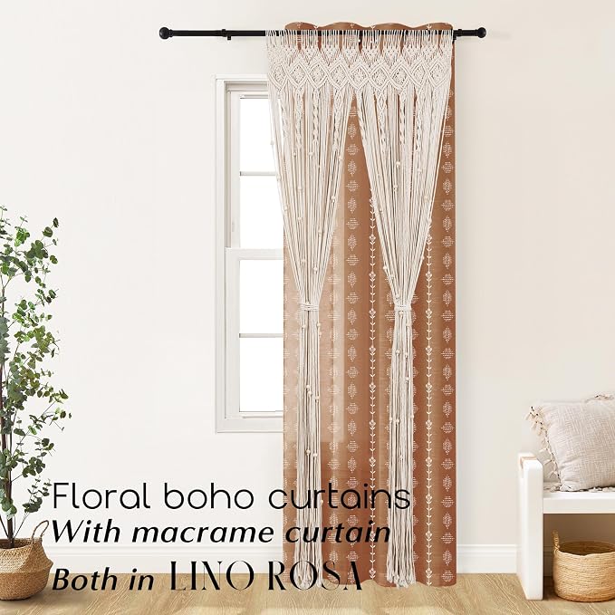 90 Inch Boho Curtains, Semi Sheer Floral Pattern Terracotta Burnt Orange Decorative Linen Vintage Drapes for Living Room Bedroom 52x90 in Long 2 Panel Set