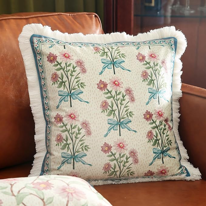 patdrea Designer French Country Velvet Throw Pillow Cover 18x18 inches,Elegant Blue Pink Small Floral Pattern,Decorative Square Pillowcases Cushion for Bed Living Room Outdoor Car