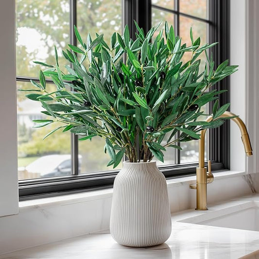 Bailikang 8PCS Premium Artificial Olive Branches for Vases - Realistic PU & Silk Faux Greenery Stems, 3 Sizes, Bendable Wire Stems, Low Maintenance Home/Office/Holiday Decor(No Vase