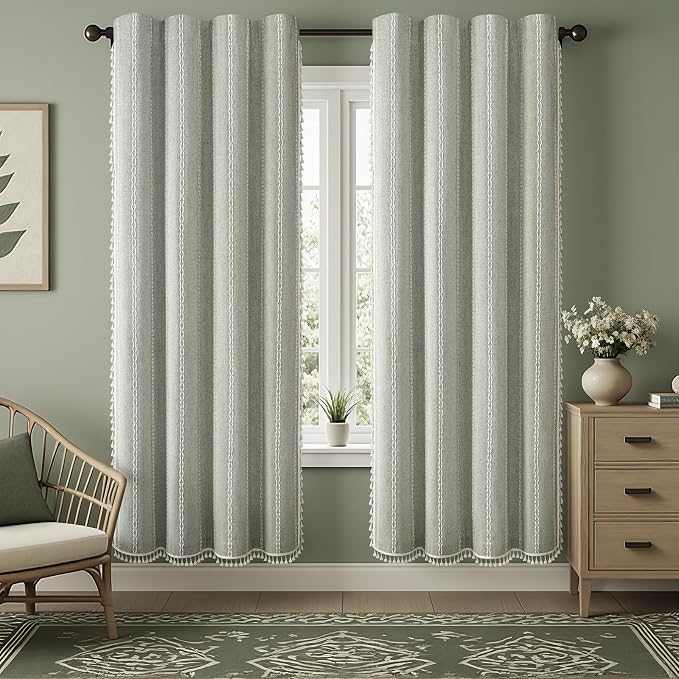 Boho Blackout Curtains 90 Inches Long Sage Green Linen Blend 2 Panels with Tassels and Cotton Embroidery, Farmhouse Vintage Rustic Rod Pocket Drapes for Living Room or Bedroom