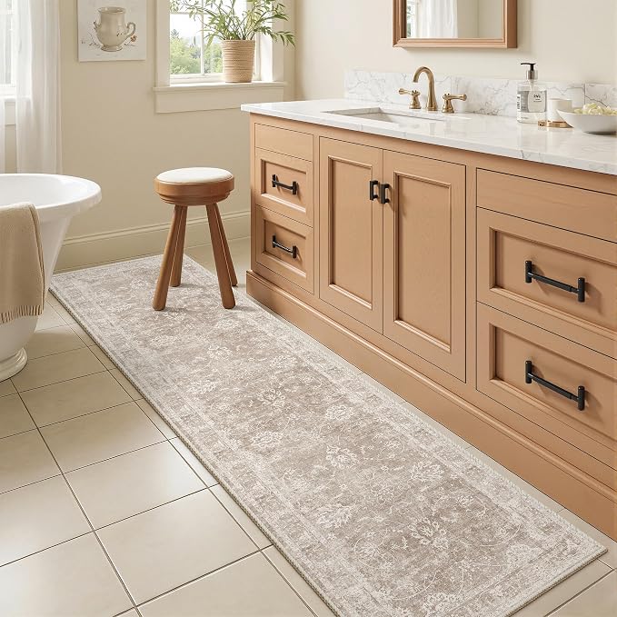 Madane Washable Runner Rug 2x5 with Non-Slip Rubber Backing, Vintage Kitchen Hallway Rug Soft Low Pile Throw Carpet Runner for Entryway Laundry Bathroom Bedroom Living Room (2 x 5, Brown/Sand)