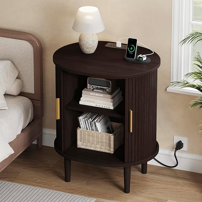 DHH Mid Century Modern Nightstand set of 2 with Charging Station, Fluted Accent Side Table with Sliding Door & Adjustable Shelf, End Table for Small Space, Living Room, Bedroom,Sofa Couch, Dark Walnut