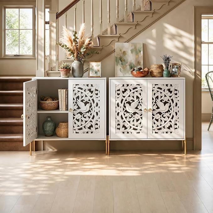 DHZ Accent Cabinet with Doors, Hollow-Carved Pattern Buffet Cabinet with Storage, Freestanding Sideboard Cabinet for Living Room Dining Room Entryway
