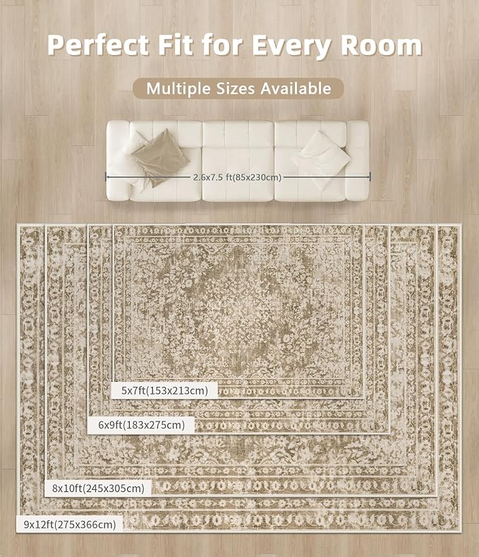 Vintage Living Room Area Rug - 8x10 Large Machine Washable Boho Area Rug Distressed Floral Rugs for Bedroom, Soft Non-Slip Indoor Floor Accent Rugs for Office Dining Room (Floral Brown, 8'x10')