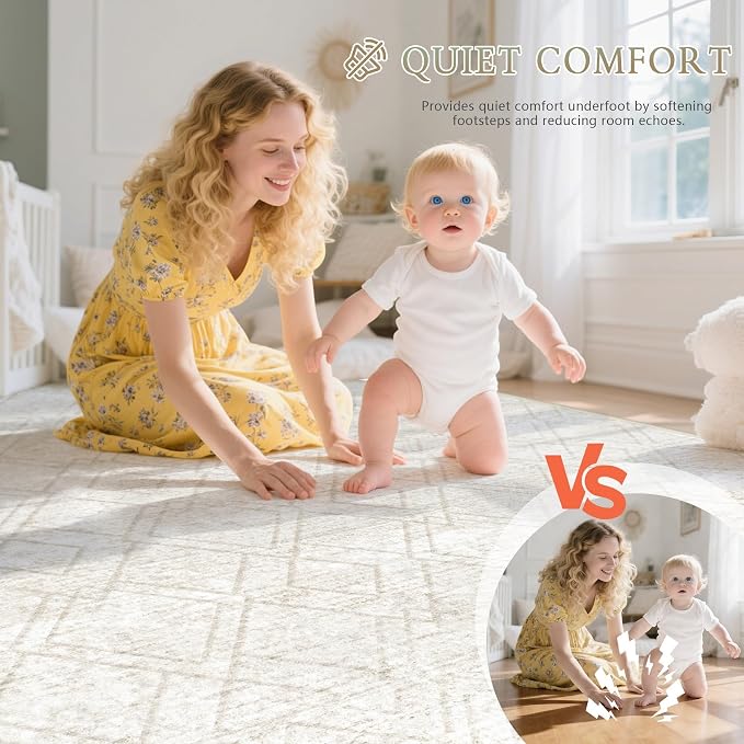 Area Rugs 6x9 Living Room Rug: Washable Geometric Moroccan Neutral Rugs Boho Modern Non Slip Area Rug Soft Indoor Floor Low Pile Carpet for Bedroom Nursery Dining Room Home Office (Beige, 6'x9')