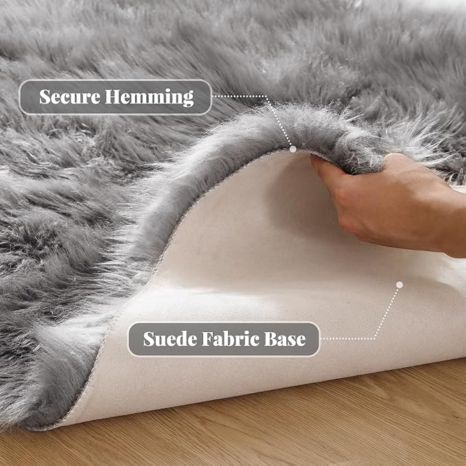 ORINOVA Gray Furry 5x7 Area Rugs for Bedrooms Faux Sheepskin Fur Rug Washable Carpet for Living Room Shag Nursery Rug