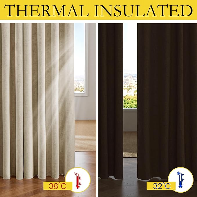 NICETOWN Farmhouse Style Keep Warm Large Window Draperies 108 inches Length with Thermal Insulated Liners, 2 Panels, 52" W, Full Blackout Cream Linen Curtains for Sliding Glass Door