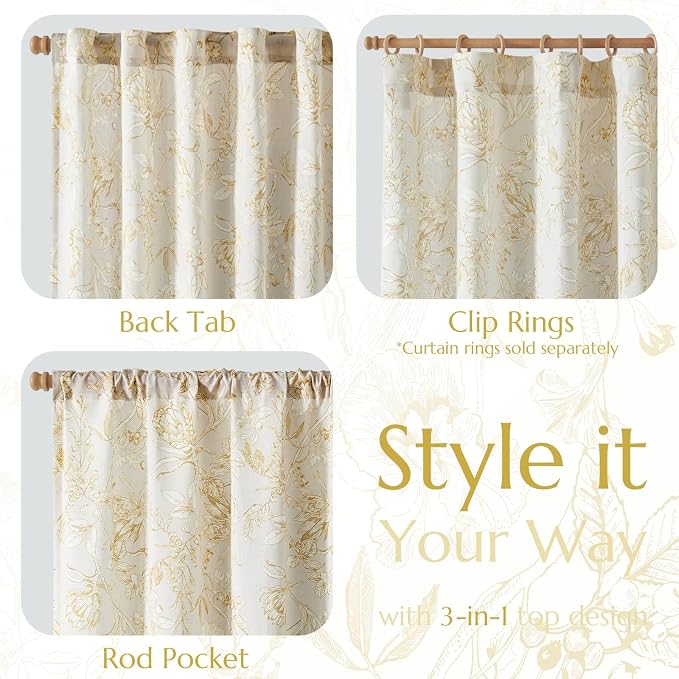 jinchan Floral Curtains 90 Inch Length Mustard Yellow Flower Linen Farmhouse Curtain for Living Room French Country Vintage Curtain Rod Pocket Curtains Set 2 Panels Floral Printed