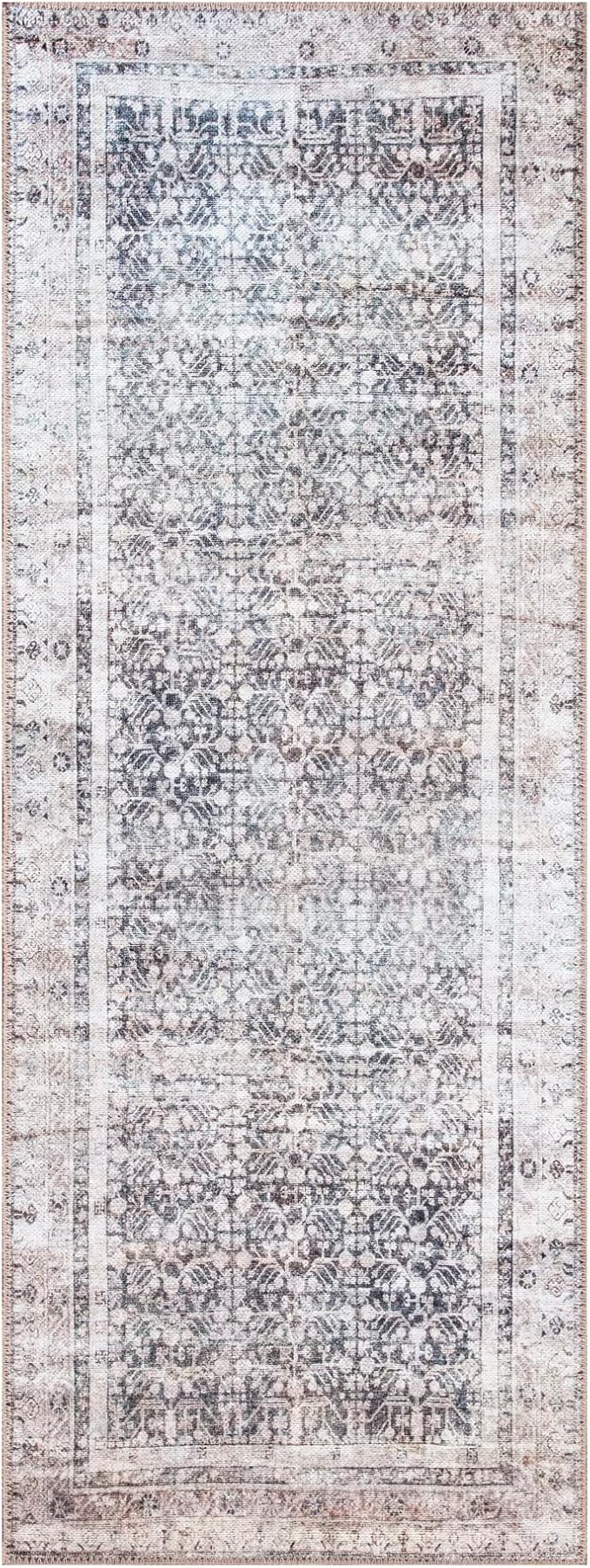 Bloom Rugs Washable Non-Slip 7 ft Runner - Tan/Blue/Green Traditional Runner for Entryway, Hallway, Bathroom, and Kitchen - Exact Size: 2.5' x 7'