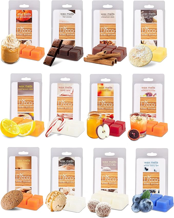 D'Eco Desserts Wax Melts - 12 Ct Variety Pack Home Fragrances - Long Lasting Scented Tarts for Wax Warmers - Caramel, Berry, Mimosa, Coconut, Lemon, Cinnamon, Gelato, Peppermint - Mothers Day Gift Set