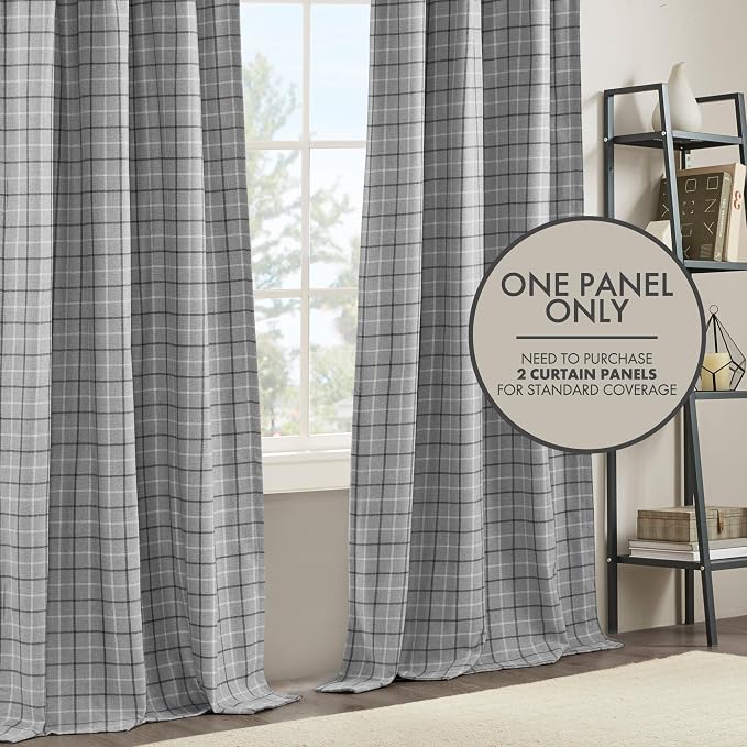 Madison Park Anaheim Cabin Plaid Curtain Window, Thermal Insulated Fleece Lining, Living Room Decor Room Darkening Drape for Bedroom, 1-Single Panel Pack, 50x95, Rod Pocket & Back Tab, Grey