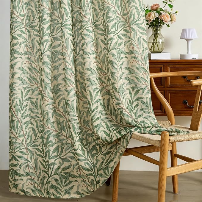 RoomTalks Green Floral Window Curtains 84 Inches Length 2 Panels, Boho Country Vintage Cute Botanical Vine Leaf Faux Linen Curtain Panels for Bedroom Dining Living Room Dorm Summer Aesthetic Decor