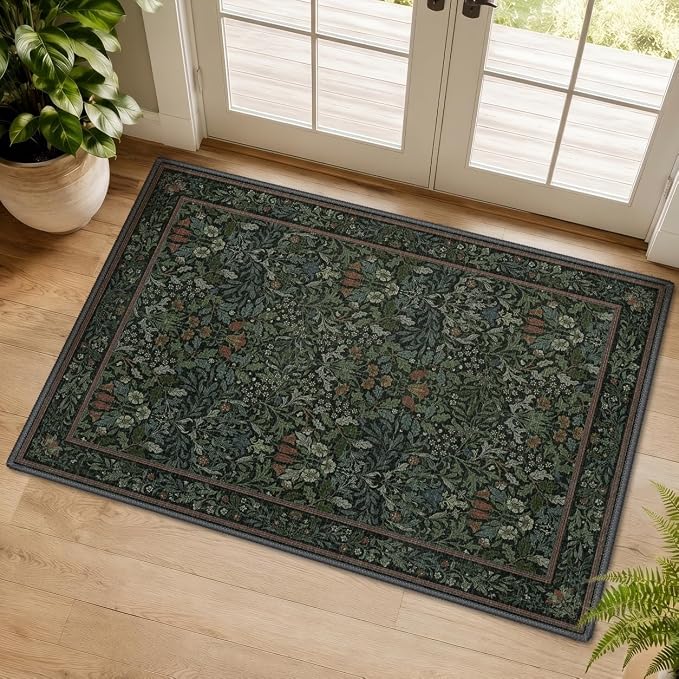 GENIMO 2x3 Washable Kitchen Rug, Non Slip Indoor Door Mat, Dark Green | Vintage Boho Floral Low Pile Entryway Mat for Bathroom, Front Door and Laundry Room