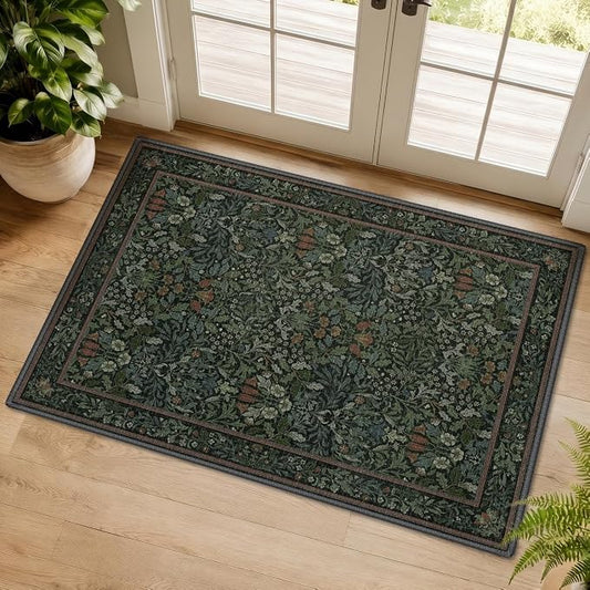GENIMO 2x3 Washable Kitchen Rug, Non Slip Indoor Door Mat, Dark Green | Vintage Boho Floral Low Pile Entryway Mat for Bathroom, Front Door and Laundry Room