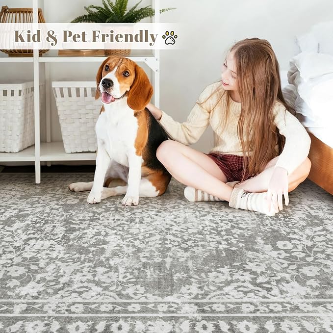 Vintage Living Room Area Rug - 9x12 Large Machine Washable Boho Area Rug Distressed Floral Rugs for Bedroom, Soft Non-Slip Indoor Floor Accent Rugs for Office Dining Room (Floral Grey, 9'x12')