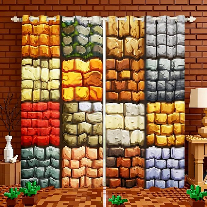 Castle Fairy Pixelated Themed Games Window Curtain,Miner Video Games Bedroom Decor Curtains,Kids Boys Teens Geometric Grid Wall Window Treatment Brown Grey Blackout Drapes 2 Panels,52Wx84L