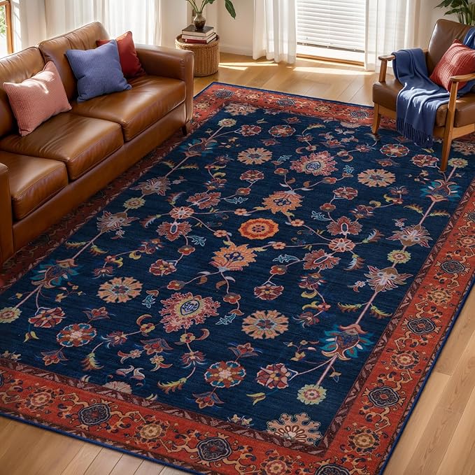 Tangsoo 9x12 Large Area Rug for Living Room,Non Slip Machine Washable Rug for Bedroom, Boho Distressed Vintage Red Blue Floral Rugs, Soft Low Pile Floor Carpet for Dining Room Office Kitchen Farmhouse