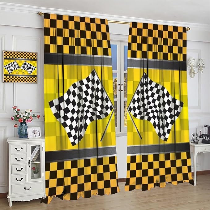 Race Car Blackout Curtain,Kid Boys Checkered Flag Motorsport Yellow Black Grid Print Window for Cafe Dining Room Office Living Room Kitchen Bedroom Drapes Decor, 42x45 in
