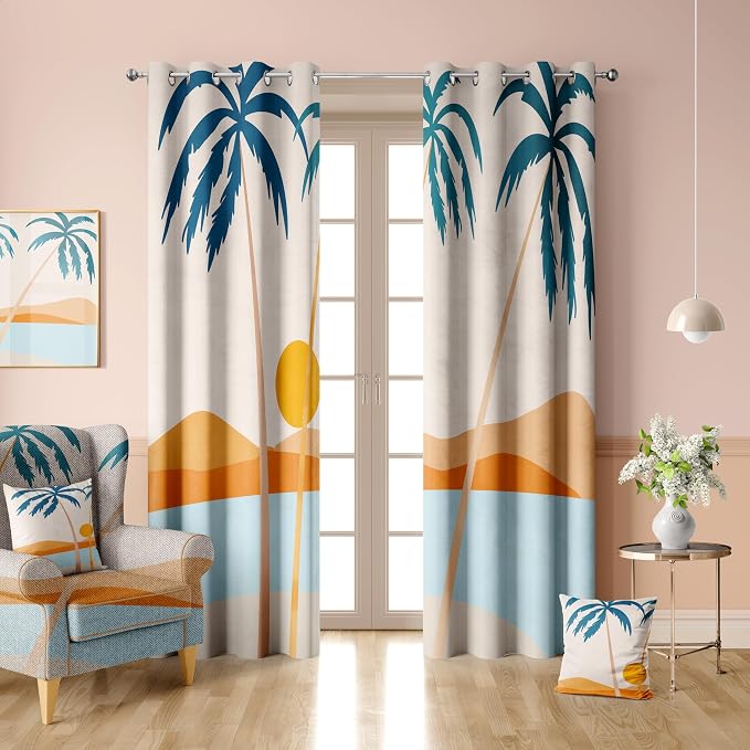 iTapnoom Boho Tropical Palm Tree Blackout Curtain, Mid Century Coastal Ocean Beach Window Curtains Darkening Thermal Insulated Window Drapes for Living Room Bedroom Decor 2 Panels 52x84 Inches