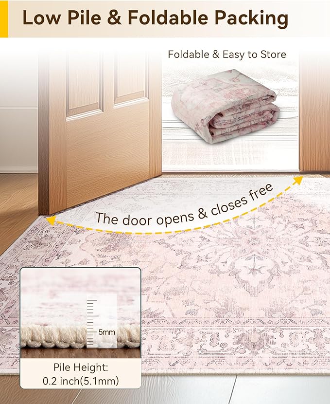 RELEANY Area Rugs 6'x8' Washable Non-Slip, Floral Vintage Distress Medallion Carpet for Living Room Bedroom Dining Room, Pink Greypink Cute