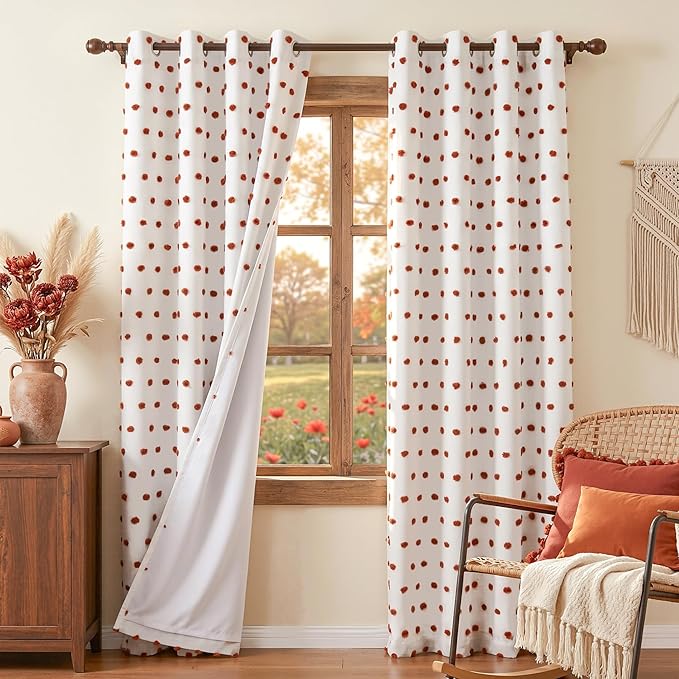 MYSKY HOME Boho Blackout Curtains 84 Inches Long for Bedroom 100% Room Darkening Curtain for Living Room Grommet Thermal Insulated Window Drapes with Terracotta Pom Pom Sheer 52W x 84L, 2 Panels
