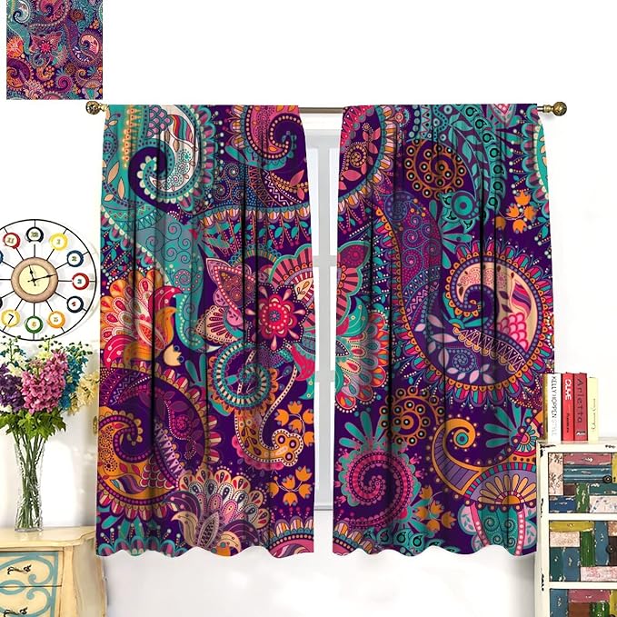 Vintage Bohemian Curtains, Indian Bohemian Mandala Colorful Pattern Blackout Thermal Curtains, Bedroom Living Room Curtains, 2 Panel Set, 42x63 in.