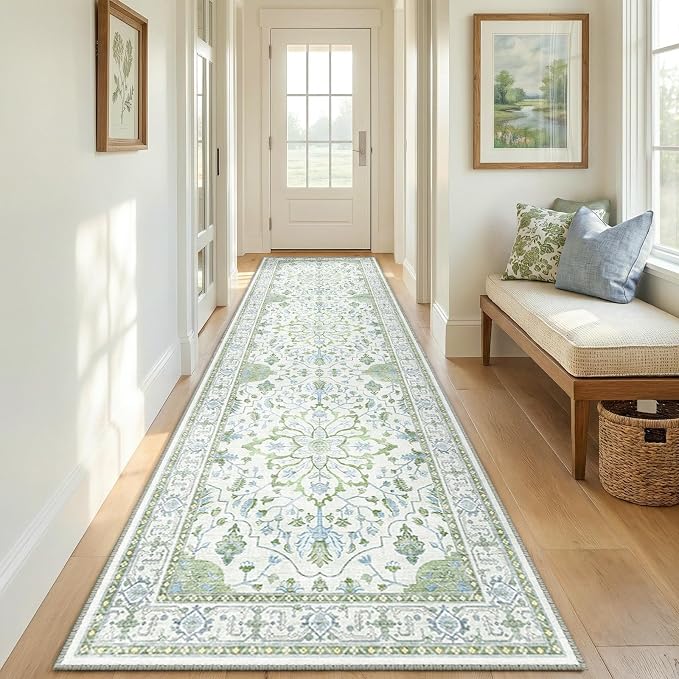 RELEANY Area Rugs Runner 2'6"x8' Washable Non-Slip, Floral Vintage Distress Medallion Carpet for Kitchen Hallway Bedroom Beside Laundry Room Bathroom, Green White Blue