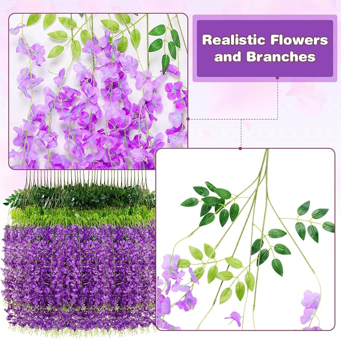 Alotiki Wisteria Hanging Flowers,50 Pack Fake Hanging Flowers,Wisteria Artificiales Garland for Home Wedding Arch Floral Party Garden Ceremony Outdoor Decor,3.6 Feet Long(50,Purple)