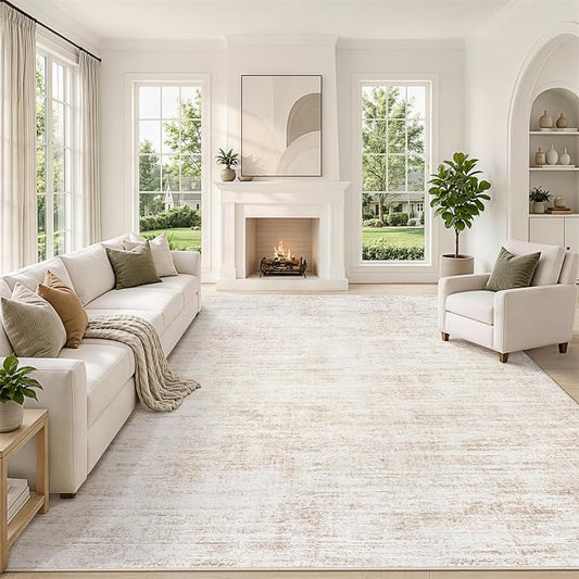 9x12 Area Rugs for Living Room Washable Rugs Neutral Abstract Large Rug Soft Modern Carpet Non-Slip Stain Resistant Low Pile Rug for Bedroom Dining Room Nursery Home Office Under Table Area Rug Beige