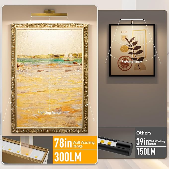 Afyuol Picture Lights for Wall, Brass Battery Operated Picture Light 16in Art Light CCT Dimmable Recharging Battery Wall Light with Remote Control for Living Room Gallery