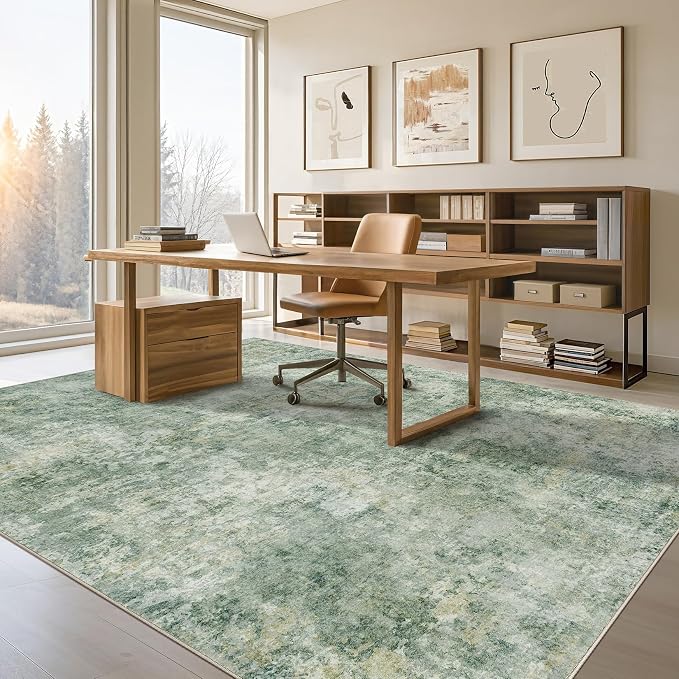 Tortania Washable 8x12 Area Rug for Living Room: Modern Abstract Neutral Large Soft Thin Rugs - Non Slip Indoor Carpet for Bedroom Dining Room Office Nursery Home Floor Decoration - Olive Green