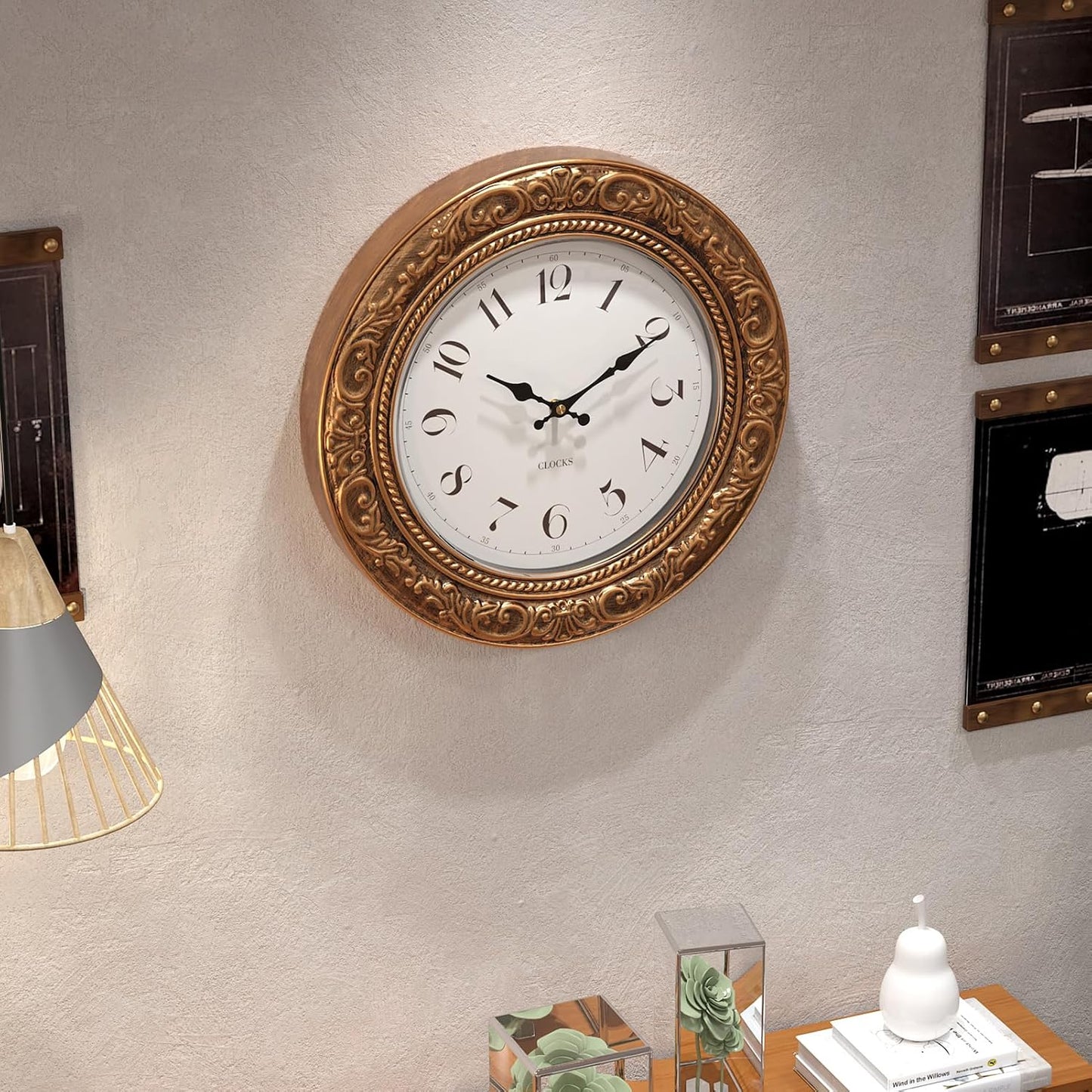 Menterry European Vintage Decorative Wall Clock, 12" Antique Gold Style, Battery Operated Wall Clocks for Kitchen, Bedroom, Farmhouse, Bathroom, Offices