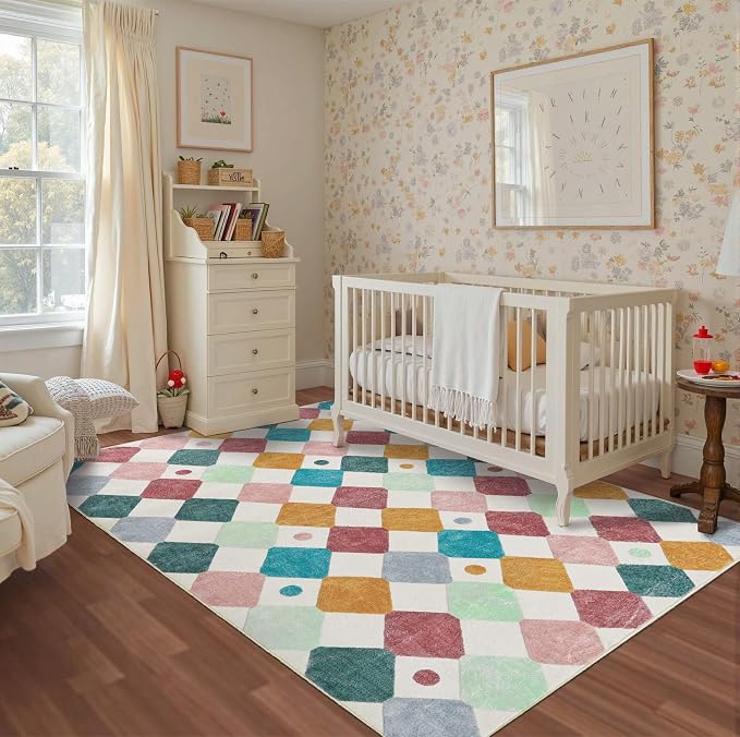 jinchan Macy 5x7 Area Rug for Kids Room Modern Colorful Nursery Rug Checkered Diamond Play Mat Washable Soft Non Slip Carpet for Playroom Classroom Bedroom Dorm Daycare Living Room Confetti on Cream